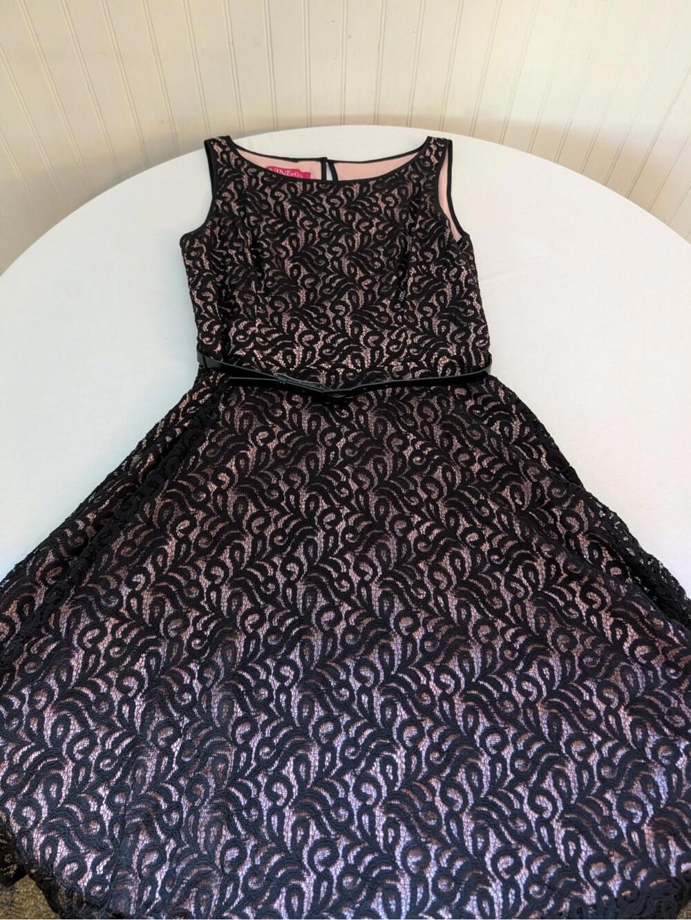9&Co Women’s Dress Size 6 Black Lace Overlay On Pink Sleeveless Sheath Belted